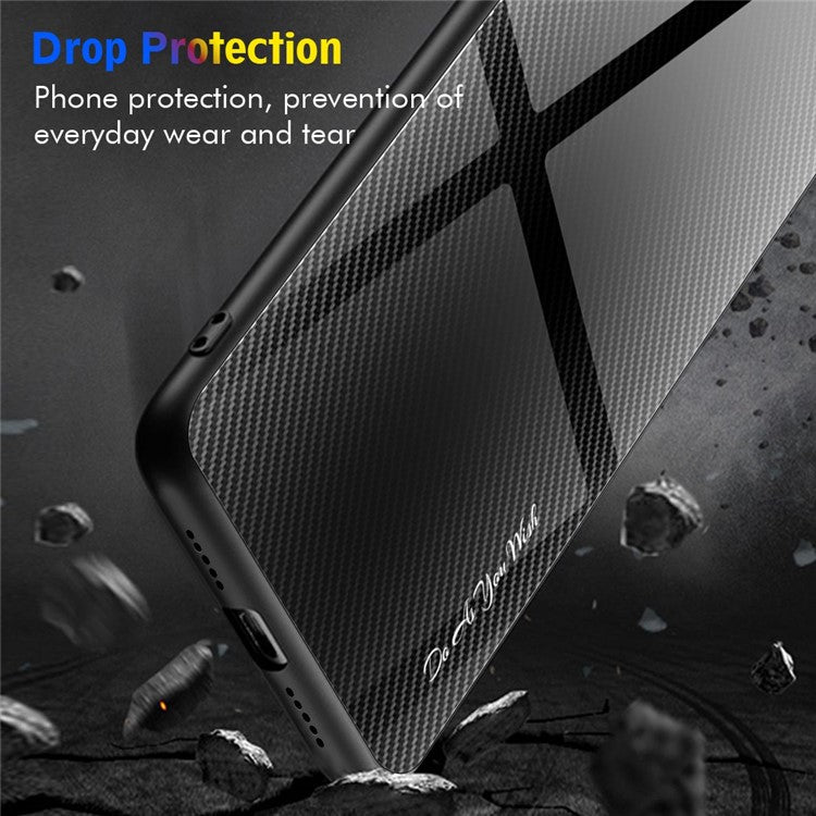 For Samsung Galaxy S23 Phone Case Carbon Fiber Texture Slim Case Tempered Glass+TPU Anti-Drop Phone Cover - Dark Blue