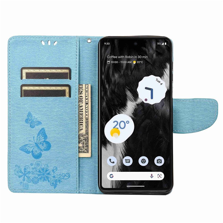 For Google Pixel 7 5G Butterflies Flower Imprinting PU Leather Cover Stand Wallet Magnetic Clasp Shockproof Case - Blue