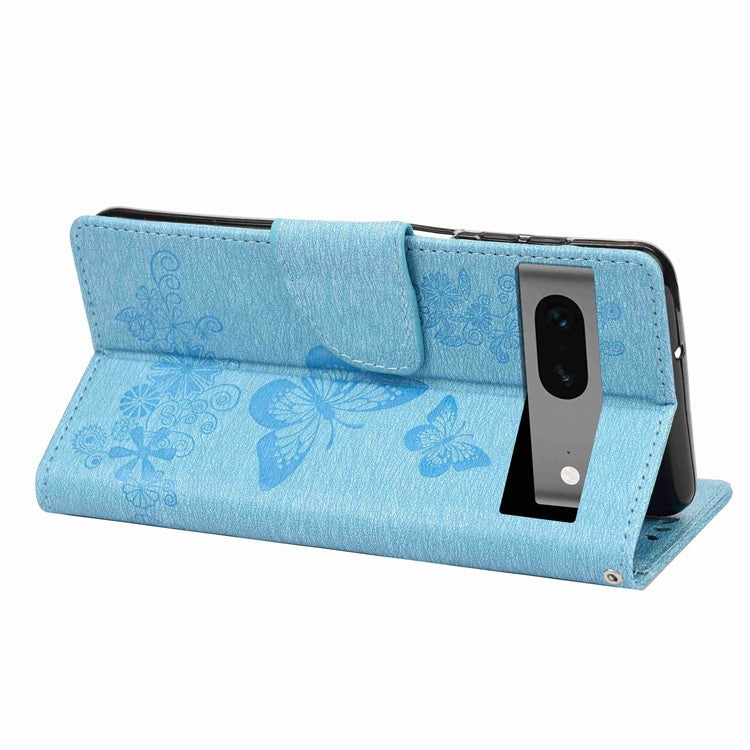For Google Pixel 7 5G Butterflies Flower Imprinting PU Leather Cover Stand Wallet Magnetic Clasp Shockproof Case - Blue