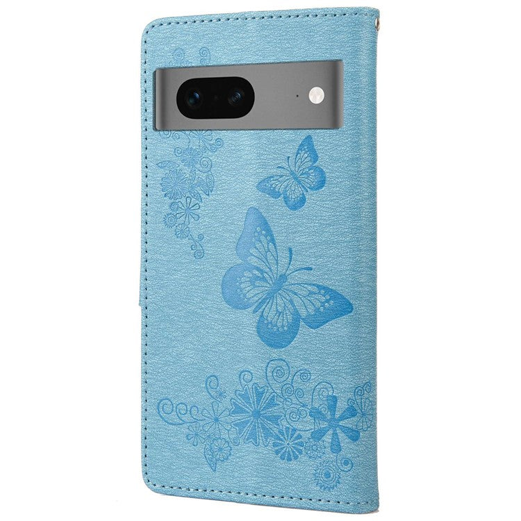 For Google Pixel 7 5G Butterflies Flower Imprinting PU Leather Cover Stand Wallet Magnetic Clasp Shockproof Case - Blue