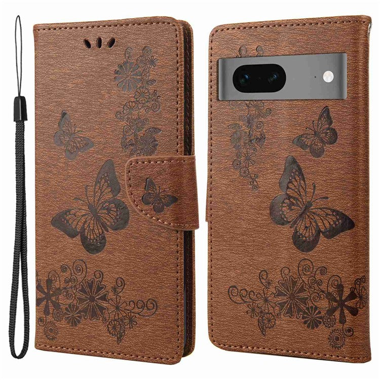 For Google Pixel 7 5G Butterflies Flower Imprinting PU Leather Cover Stand Wallet Magnetic Clasp Shockproof Case - Brown