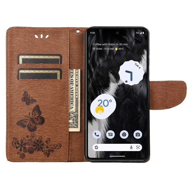For Google Pixel 7 5G Butterflies Flower Imprinting PU Leather Cover Stand Wallet Magnetic Clasp Shockproof Case - Brown