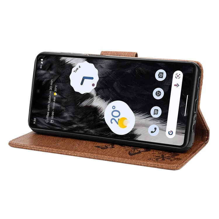 For Google Pixel 7 5G Butterflies Flower Imprinting PU Leather Cover Stand Wallet Magnetic Clasp Shockproof Case - Brown