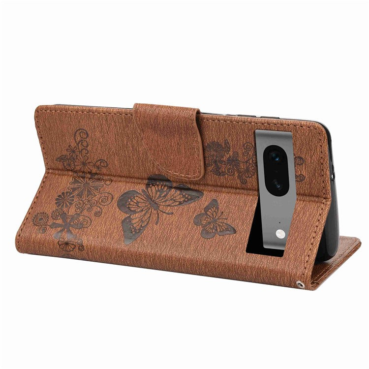 For Google Pixel 7 5G Butterflies Flower Imprinting PU Leather Cover Stand Wallet Magnetic Clasp Shockproof Case - Brown