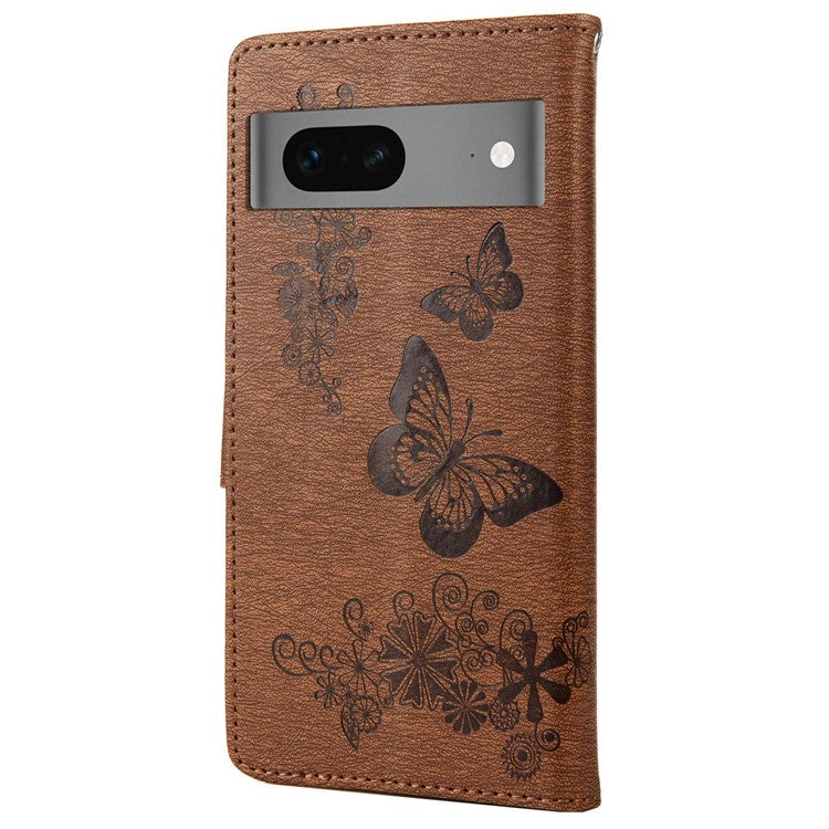 For Google Pixel 7 5G Butterflies Flower Imprinting PU Leather Cover Stand Wallet Magnetic Clasp Shockproof Case - Brown