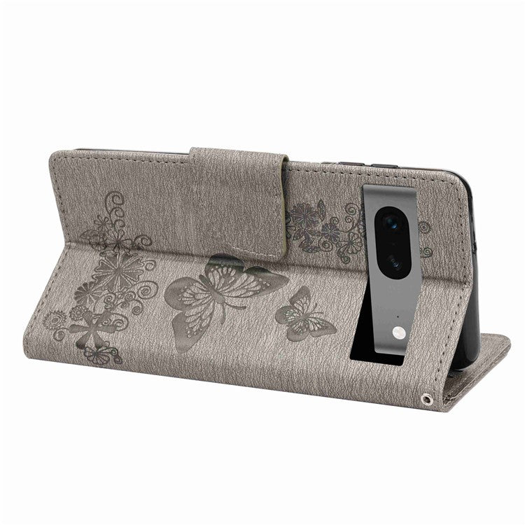 For Google Pixel 7 5G Butterflies Flower Imprinting PU Leather Cover Stand Wallet Magnetic Clasp Shockproof Case - Grey