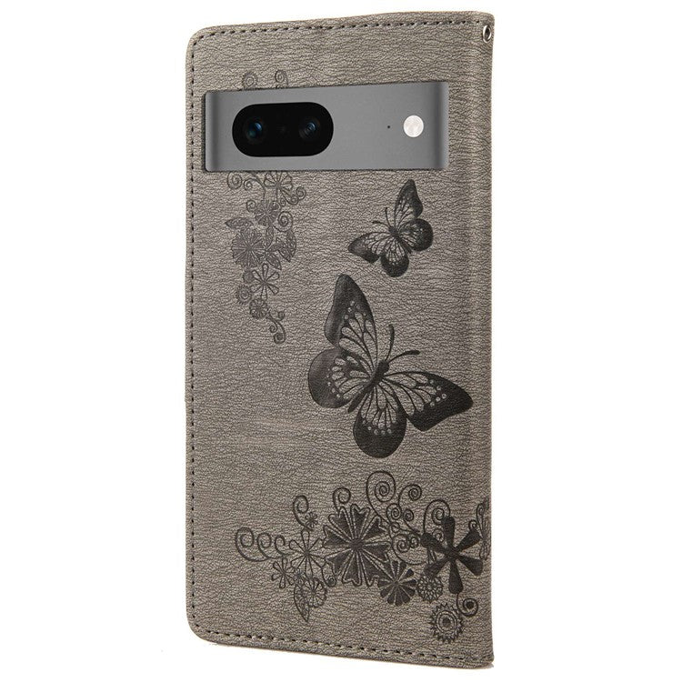 For Google Pixel 7 5G Butterflies Flower Imprinting PU Leather Cover Stand Wallet Magnetic Clasp Shockproof Case - Grey