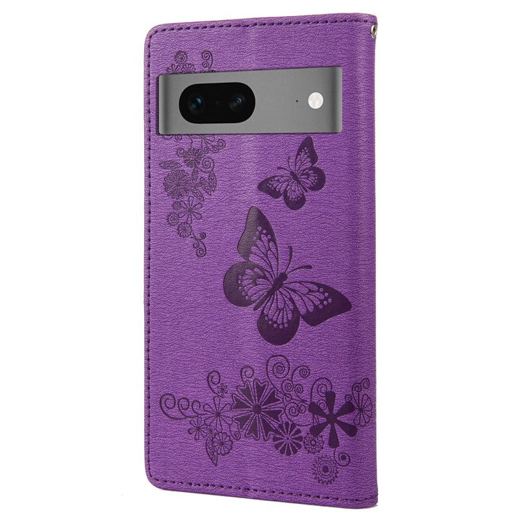 For Google Pixel 7 5G Butterflies Flower Imprinting PU Leather Cover Stand Wallet Magnetic Clasp Shockproof Case - Purple