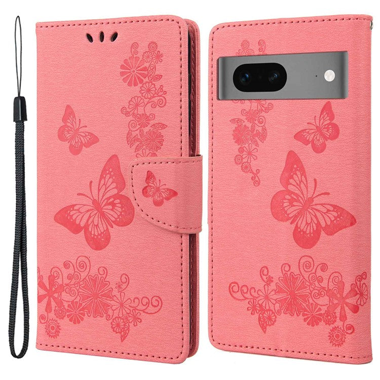 For Google Pixel 7 5G Butterflies Flower Imprinting PU Leather Cover Stand Wallet Magnetic Clasp Shockproof Case - Pink