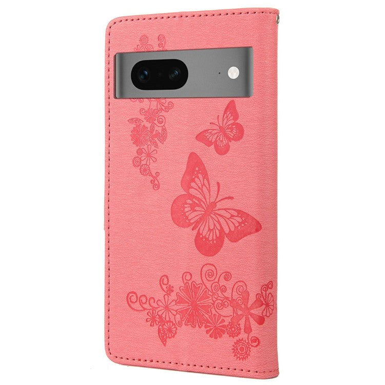 For Google Pixel 7 5G Butterflies Flower Imprinting PU Leather Cover Stand Wallet Magnetic Clasp Shockproof Case - Pink