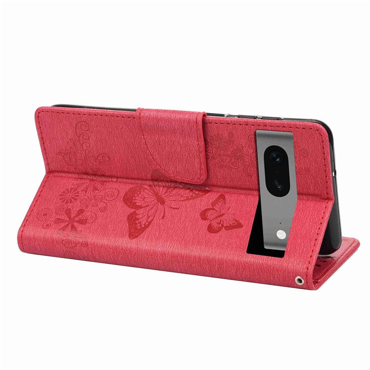 For Google Pixel 7 5G Butterflies Flower Imprinting PU Leather Cover Stand Wallet Magnetic Clasp Shockproof Case - Red