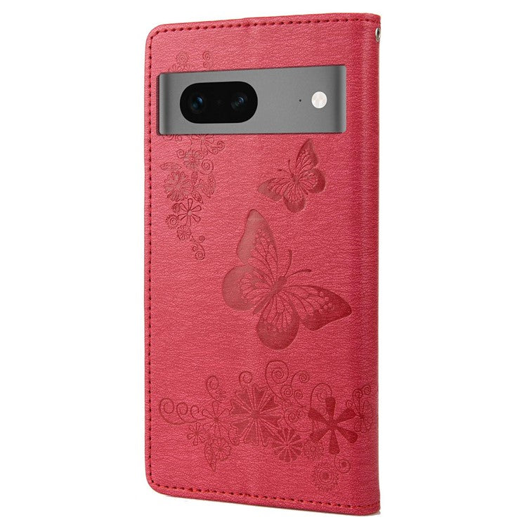 For Google Pixel 7 5G Butterflies Flower Imprinting PU Leather Cover Stand Wallet Magnetic Clasp Shockproof Case - Red