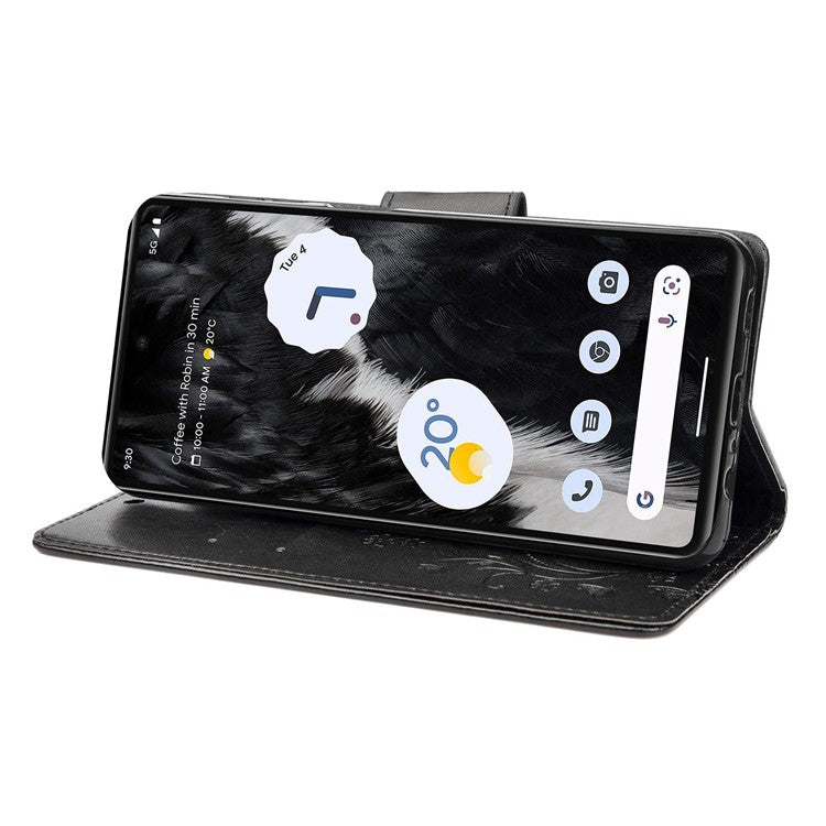 For Google Pixel 7 5G Imprinting Flower Butterflies Phone Cover PU Leather Anti-scratch Wallet Stand Case - Black