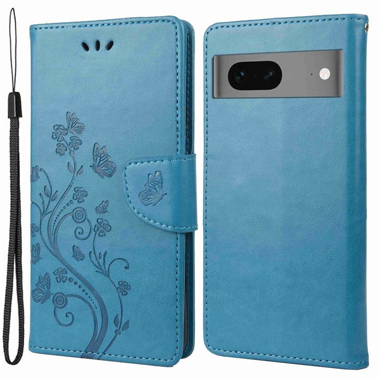 For Google Pixel 7 5G Imprinting Flower Butterflies Phone Cover PU Leather Anti-scratch Wallet Stand Case - Blue