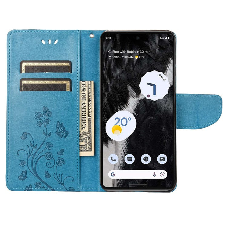 For Google Pixel 7 5G Imprinting Flower Butterflies Phone Cover PU Leather Anti-scratch Wallet Stand Case - Blue