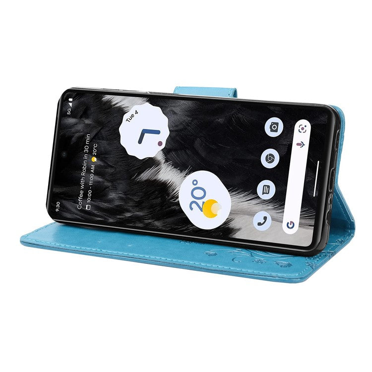 For Google Pixel 7 5G Imprinting Flower Butterflies Phone Cover PU Leather Anti-scratch Wallet Stand Case - Blue