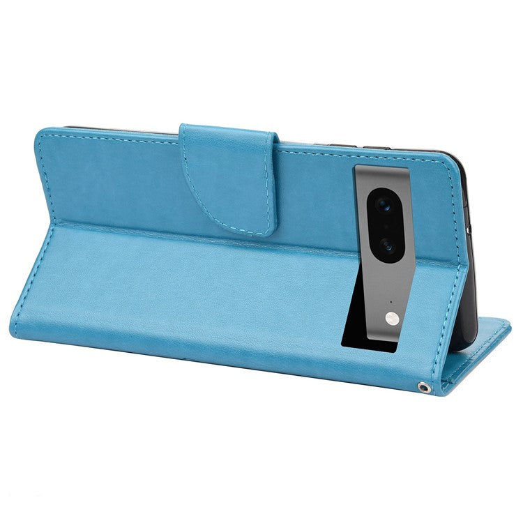 For Google Pixel 7 5G Imprinting Flower Butterflies Phone Cover PU Leather Anti-scratch Wallet Stand Case - Blue