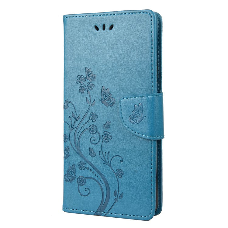 For Google Pixel 7 5G Imprinting Flower Butterflies Phone Cover PU Leather Anti-scratch Wallet Stand Case - Blue