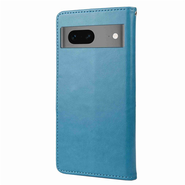 For Google Pixel 7 5G Imprinting Flower Butterflies Phone Cover PU Leather Anti-scratch Wallet Stand Case - Blue