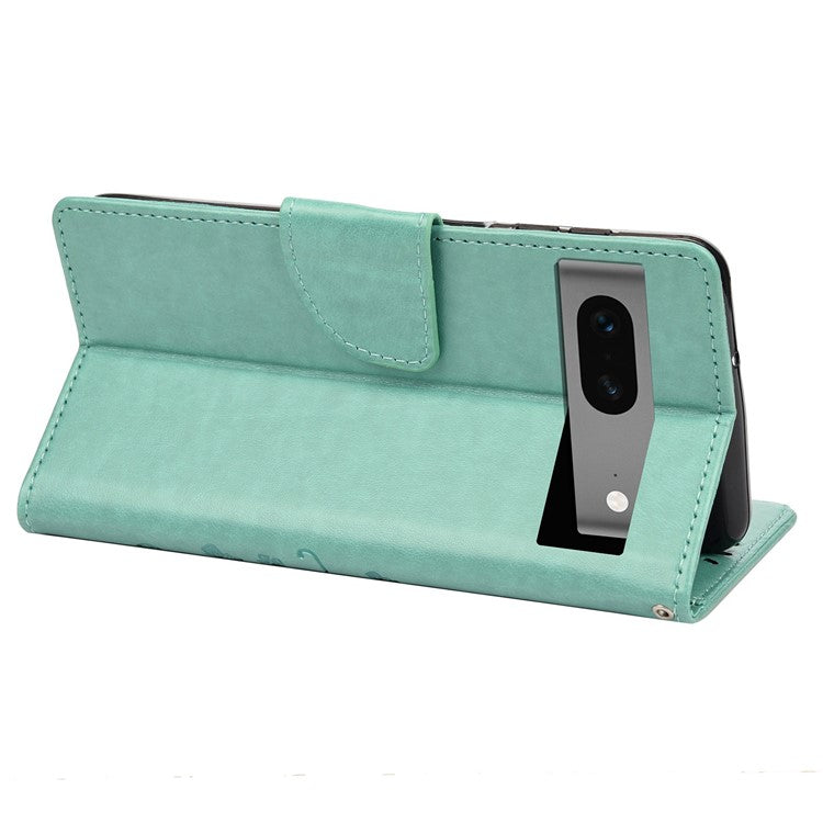For Google Pixel 7 5G Imprinting Flower Butterflies Phone Cover PU Leather Anti-scratch Wallet Stand Case - Green