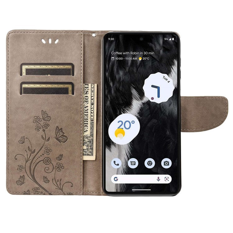 For Google Pixel 7 5G Imprinting Flower Butterflies Phone Cover PU Leather Anti-scratch Wallet Stand Case - Grey