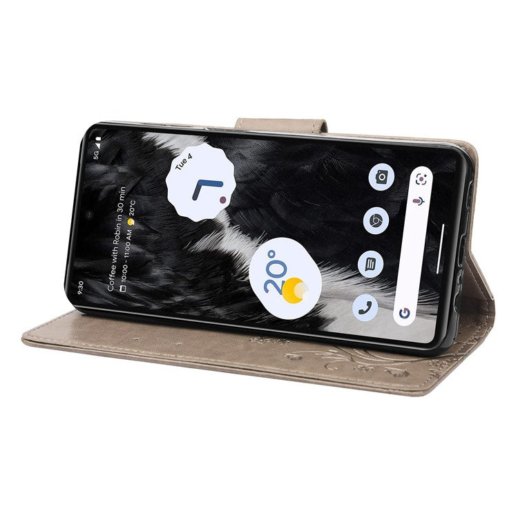 For Google Pixel 7 5G Imprinting Flower Butterflies Phone Cover PU Leather Anti-scratch Wallet Stand Case - Grey