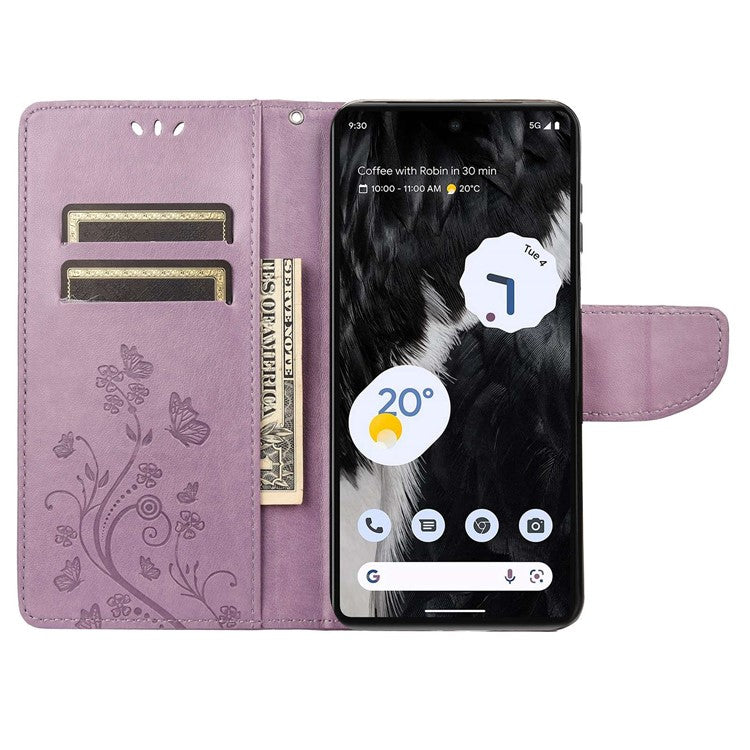 For Google Pixel 7 5G Imprinting Flower Butterflies Phone Cover PU Leather Anti-scratch Wallet Stand Case - Light Purple