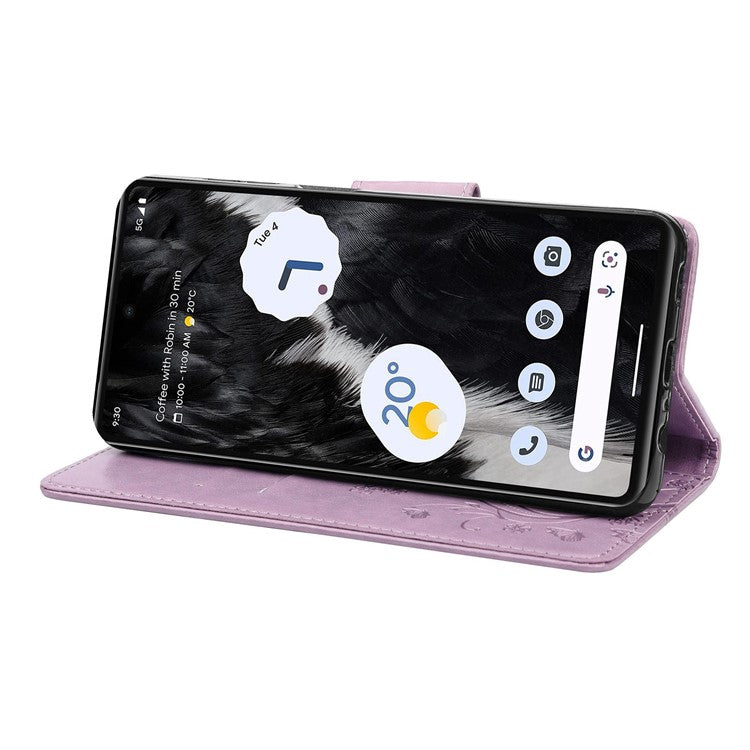 For Google Pixel 7 5G Imprinting Flower Butterflies Phone Cover PU Leather Anti-scratch Wallet Stand Case - Light Purple