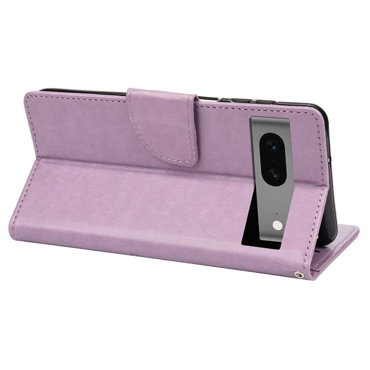 For Google Pixel 7 5G Imprinting Flower Butterflies Phone Cover PU Leather Anti-scratch Wallet Stand Case - Light Purple