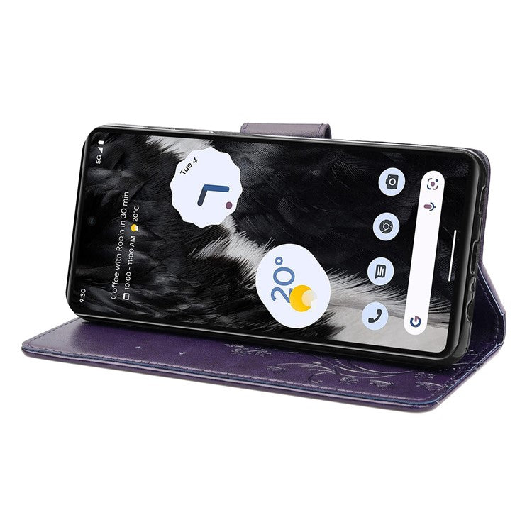 For Google Pixel 7 5G Imprinting Flower Butterflies Phone Cover PU Leather Anti-scratch Wallet Stand Case - Dark Purple