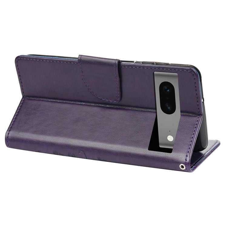 For Google Pixel 7 5G Imprinting Flower Butterflies Phone Cover PU Leather Anti-scratch Wallet Stand Case - Dark Purple