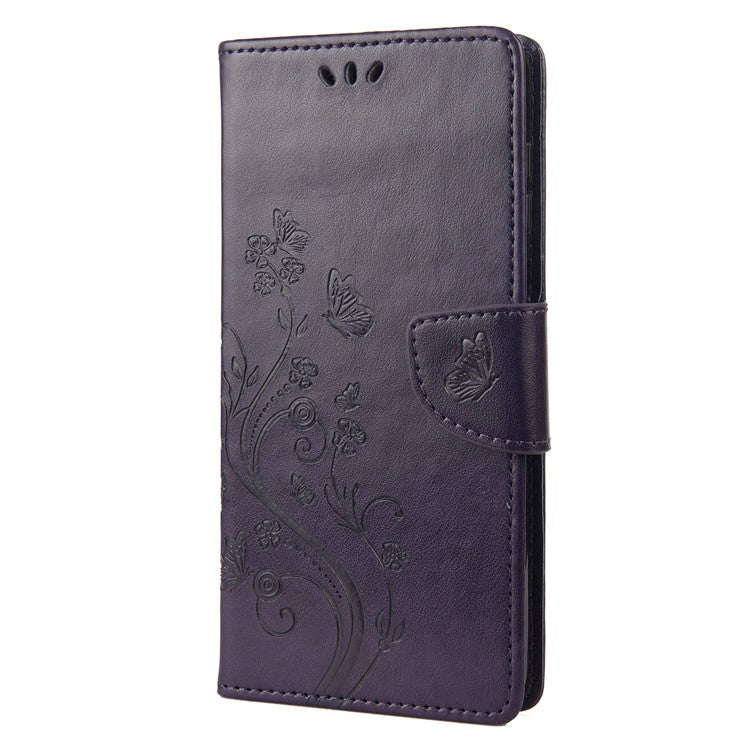 For Google Pixel 7 5G Imprinting Flower Butterflies Phone Cover PU Leather Anti-scratch Wallet Stand Case - Dark Purple