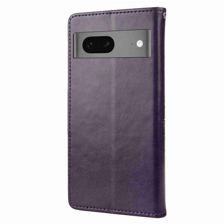 For Google Pixel 7 5G Imprinting Flower Butterflies Phone Cover PU Leather Anti-scratch Wallet Stand Case - Dark Purple