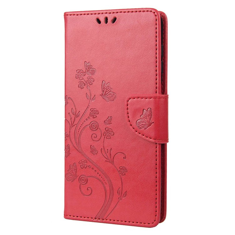 For Google Pixel 7 5G Imprinting Flower Butterflies Phone Cover PU Leather Anti-scratch Wallet Stand Case - Red