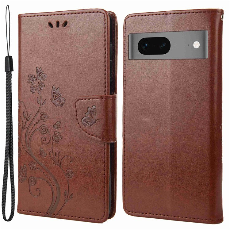 For Google Pixel 7 5G Imprinting Flower Butterflies Phone Cover PU Leather Anti-scratch Wallet Stand Case - Brown