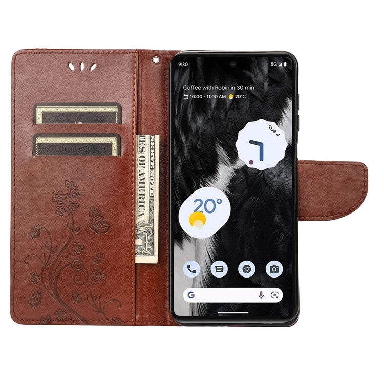 For Google Pixel 7 5G Imprinting Flower Butterflies Phone Cover PU Leather Anti-scratch Wallet Stand Case - Brown