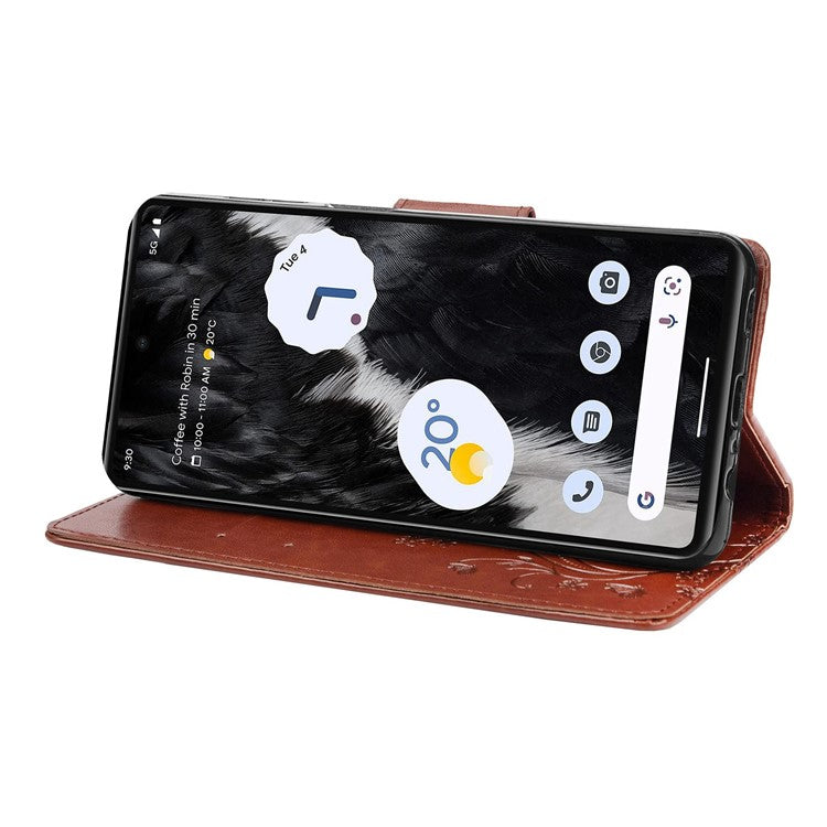 For Google Pixel 7 5G Imprinting Flower Butterflies Phone Cover PU Leather Anti-scratch Wallet Stand Case - Brown