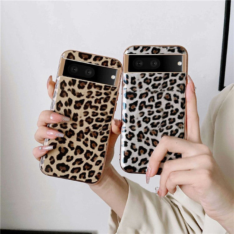 Leopard Pattern Phone Case for Google Pixel 6a Anti-Drop Shockproof Cover Electroplating TPU+PU Leather Phone Case - Silver