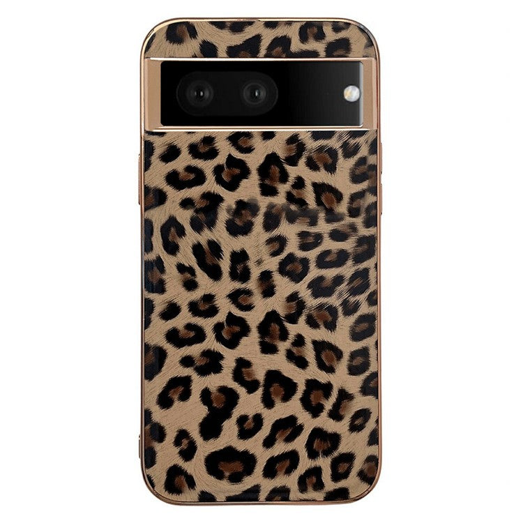 Electroplating Anti-Fall Phone Case for Google Pixel 7 5G TPU+PU Leather Shockproof Case Leopard Pattern Phone Cover - Brown