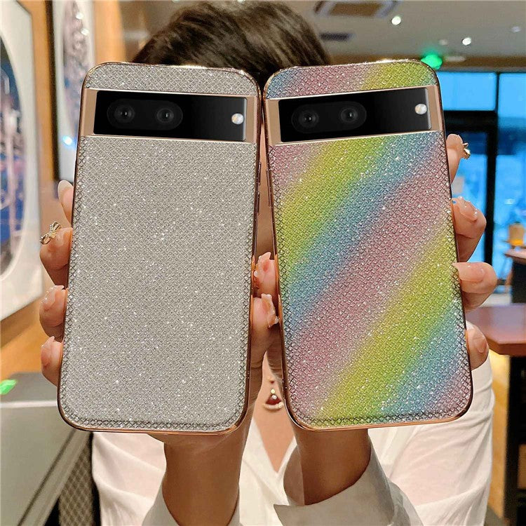Electroplating Phone Case for Google Pixel 7 5G Rhinestone Decorated Shockproof Case TPU+PU Leather Phone Cover - Silver