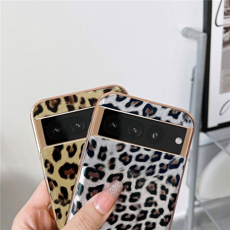 Electroplating Shockproof Case for Google Pixel 7 Pro 5G Leopard Pattern Phone Case Anti-Fall TPU+PU Leather Phone Protector - Brown