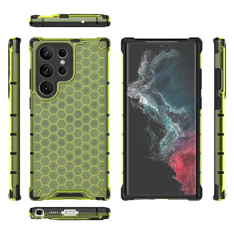 Shockproof Case for Samsung Galaxy S23 Ultra Honeycomb Textured Phone Case TPU + PC Protective Cover - Green