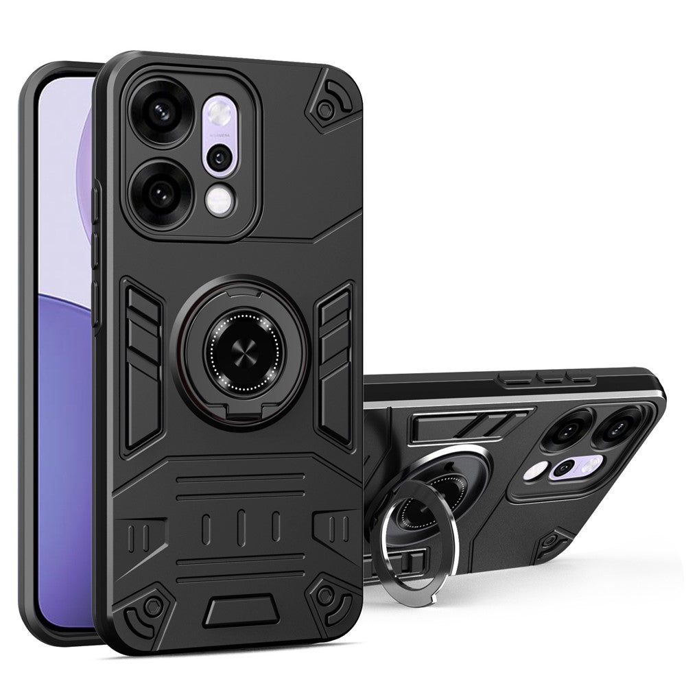 For Oppo Reno14 Pro 5G (Global) Case with Ring Holder Kickstand PC + TPU Anti-Fall Phone Cover - Black