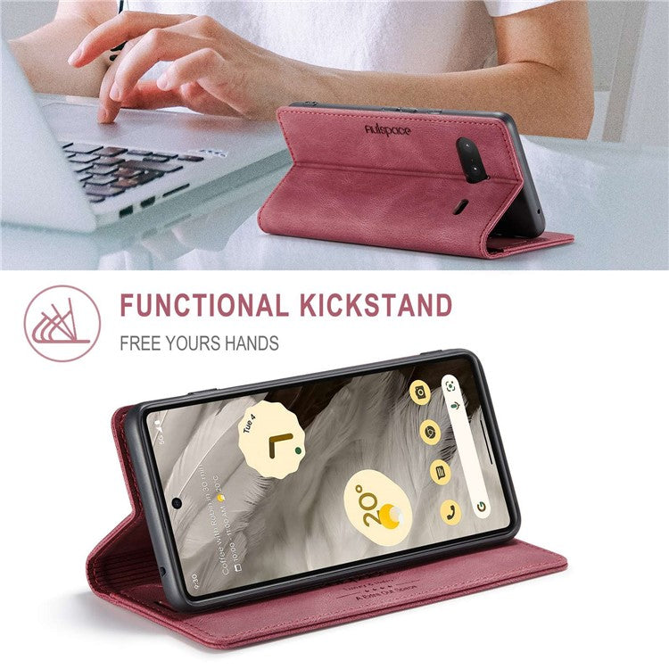 AUTSPACE A01 Series RFID Blocking Phone Case for Google Pixel 7 5G, PU Leather Drop Protection Magnetic Closure Vintage Matte Wallet Stand Cover - Red