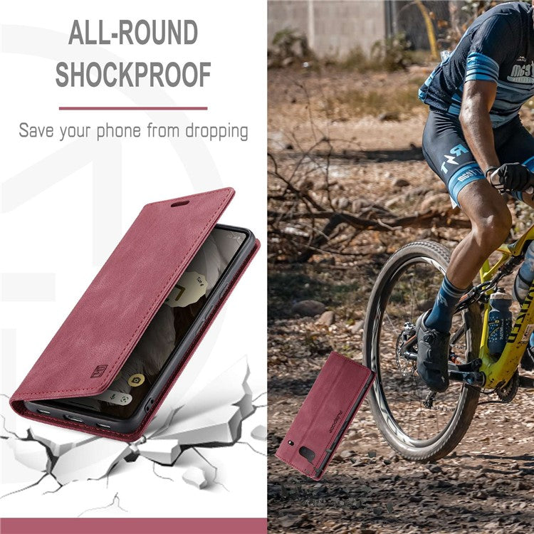 AUTSPACE A01 Series RFID Blocking Phone Case for Google Pixel 7 5G, PU Leather Drop Protection Magnetic Closure Vintage Matte Wallet Stand Cover - Red