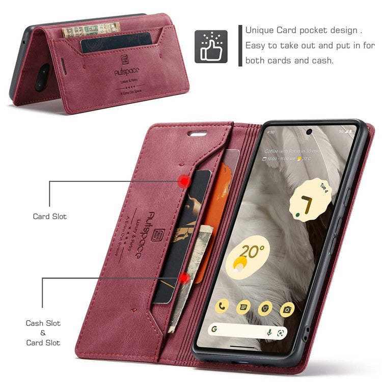 AUTSPACE A01 Series RFID Blocking Phone Case for Google Pixel 7 5G, PU Leather Drop Protection Magnetic Closure Vintage Matte Wallet Stand Cover - Red
