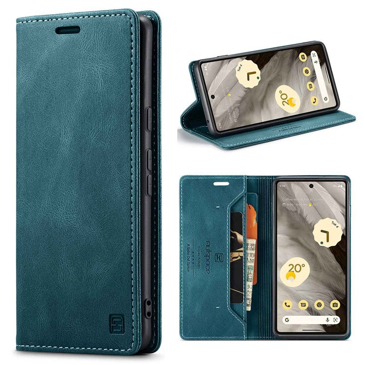 AUTSPACE A01 Series RFID Blocking Phone Case for Google Pixel 7 5G, PU Leather Drop Protection Magnetic Closure Vintage Matte Wallet Stand Cover - Blue