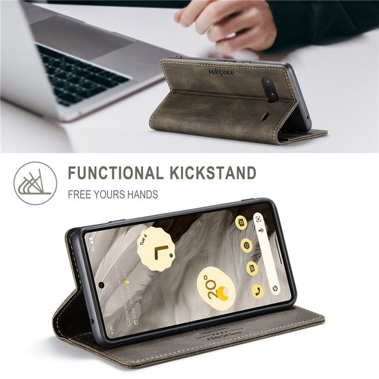AUTSPACE A01 Series RFID Blocking Phone Case for Google Pixel 7 5G, PU Leather Drop Protection Magnetic Closure Vintage Matte Wallet Stand Cover - Coffee