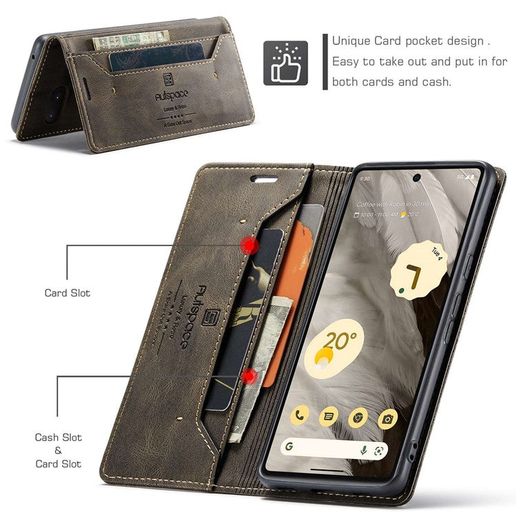 AUTSPACE A01 Series RFID Blocking Phone Case for Google Pixel 7 5G, PU Leather Drop Protection Magnetic Closure Vintage Matte Wallet Stand Cover - Coffee