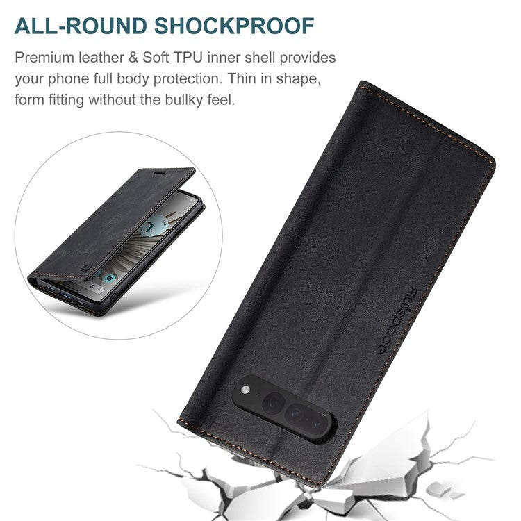 AUTSPACE A01 Series For Google Pixel 7 Pro 5G Retro Matte PU Leather Phone Case RFID Blocking Cover with Foldable Stand Wallet - Black
